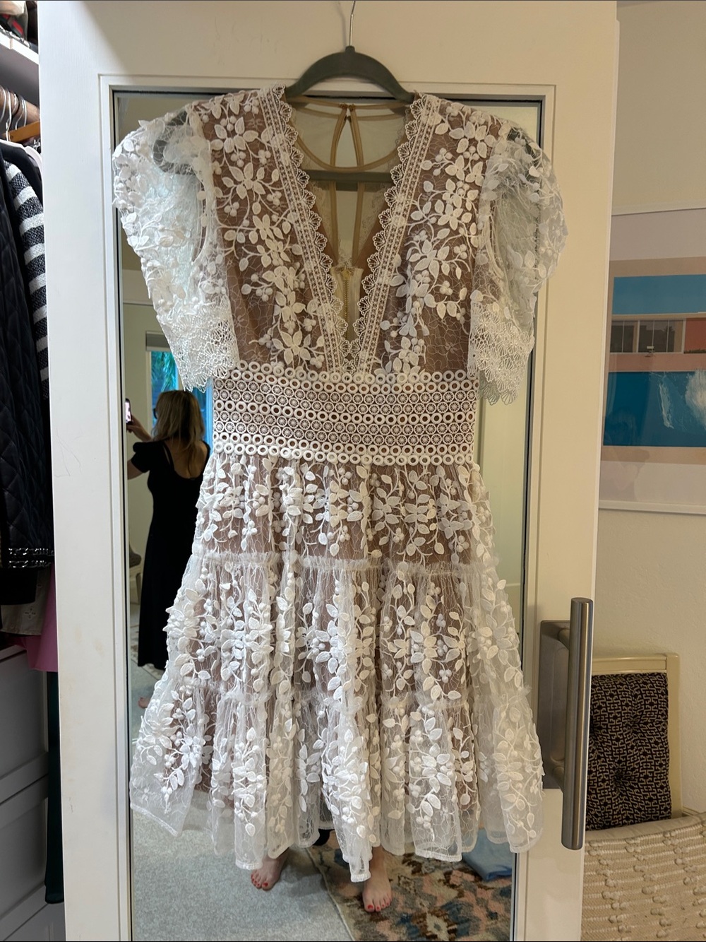 Bronx and Banco White Lace Overlay on Beige Dress